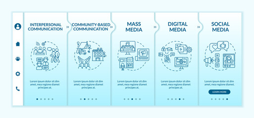 Communication channels onboarding vector template. Types of informational media. Ways to talk. Responsive mobile website with icons. Webpage walkthrough step screens. RGB color concept