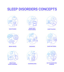 Sleep disorder blue gradient concept icons set. Nightmares and night terrors. Heart rate monitor. Healthcare problem idea thin line RGB color illustrations. Vector isolated outline drawings