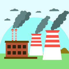 Naklejka premium Energy production. Industrial factory and pipes with smoke polluting air. Cartoon flat illustration