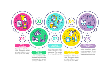 Sleep improvement vector infographic template. Better dreaming tips presentation design elements. Data visualization with 5 steps. Process timeline chart. Workflow layout with linear icons