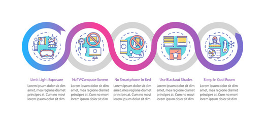Sleep improvement vector infographic template. Healthcare recommendation presentation design elements. Data visualization with 5 steps. Process timeline chart. Workflow layout with linear icons