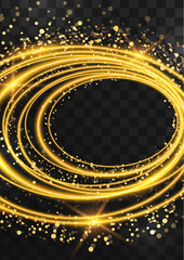 Frame made of gold oval rings with glitter, sparkles and flashes on a dark transparent background. Vector