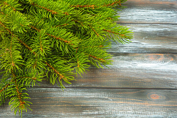 
Christmas decor fluffy fir branch on a wooden background.