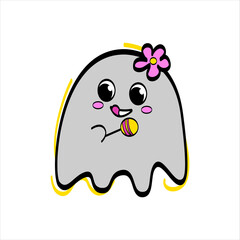 Grey cute ghost 
with chupa chups in hand on white background. Fantasy character for Halloween design. Vector flat cartoon illustration.