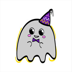 Grey cute ghost 
with bow tie on white background. Fantasy character in a festive cap for Halloween design. Vector flat cartoon illustration.