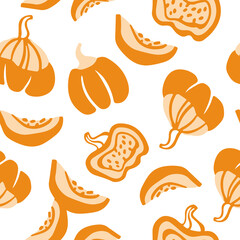 Hand drawn vector pattern of decorative pumpkins. Cartoon style vegetables background. Autumn harvesting.