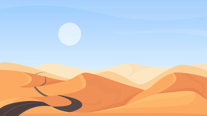 Egyptian desert natural landscape vector illustration. Cartoon flat deserted sand dunes, hot wild nature valley of Egypt lands and asphalt empty road through sandstone hills to horizon background