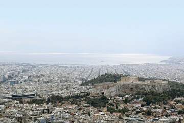 Athens city view and ancient temple of Acropolis (Parthenon) from Lycabettus Hill, Athens, Greece