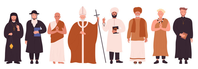 People of different religions infographic vector illustration set. Cartoon flat holy religious characters collection with catholic priest and pastor, Christian pope, Buddhist monk isolated on white - obrazy, fototapety, plakaty