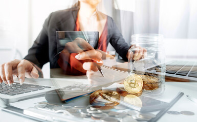 Digital marketing media in virtual screen.businesswoman hand working with mobile phone and modern...