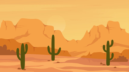 Mexican Texas or Arisona desert nature landscape vector illustration. Cartoon flat dry desert scenery with mountain rocks dunes, cactuses, wild hot natural west prairie scene, wilderness © Flash Vector