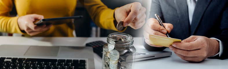 Digital marketing media in virtual screen.businesswoman hand working with mobile phone and modern compute with VR icon diagram at office in morning light