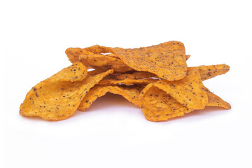 Triangular corn chips with poppy on isolated white background