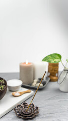 Natural herbal medicine skin care products, top view ingredients. Sea salt and herbs. Healing herbs and facial treatment preparation. Natural remedy and mortar. Beauty and massage spa treatment.