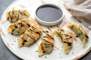 Fried potstickers with balsamic glaze covered in seeds and chives