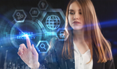 Business, Technology, Internet and network concept. Young businessman working on a virtual screen of the future and sees the inscription: Server security