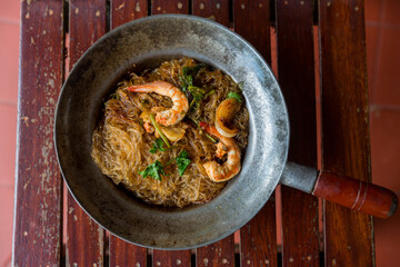 Baked prawn with Glass Noodles and chinese sauce, yummy mixed thai and china cuisine 