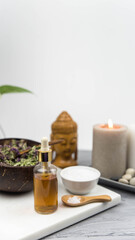 Bottle natural organic oil essence serum with healing herbs and sea salt. Aromatherapy and beauty. Concept set of harmony, balance and meditation, spa, massage, relax, beauty spa treatment.