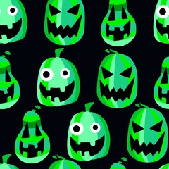 Green smiling pumpkins on black halloween vector seamless pattern. Funny and spooky laughing pumpkins halloween endless texture. Fall season green and black endless texture for wrapping paper, fabric