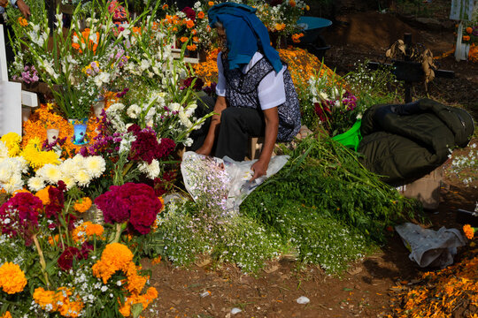 La se&ntilde;ora est&aacute; acompa&ntilde;ando a su ser querido en un cementerio de Michoac&aacute;n el d&iacute;a de Muertos.