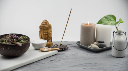 Natural herbal medicine skin care products, top view ingredients. Sea salt and herbs. Healing herbs and facial treatment preparation. Natural remedy and mortar. Beauty and massage spa treatment.