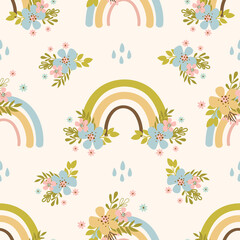 FLORAL RAINBOW Hand Drawn Seamless Pattern Vector Illustration