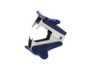 Blue staple remover isolated on white background side view