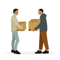 Two male characters with boxes in hands on a white background