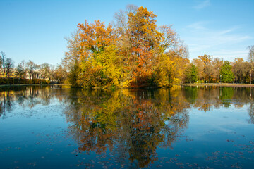 Fototapeta na wymiar Beautiful autumn trees reflecting on a steel lake in Parma, Italy