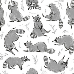 racoon sketch illustration. seamless pattern. hand drawn sketchy style. isolated on white