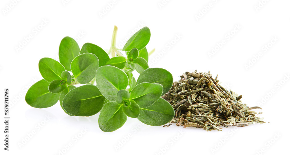 Sticker Dried thyme with fresh leaves thyme on white background