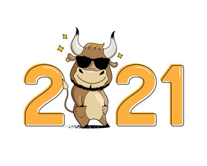Cool cartoon bull in sunglasses, hands in pockets. Symbol of 2021. Year of the ox. Vector illustration
