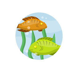 Set of fish. River animal with scales, fins and tail. Underwater life. Water with algae. Wildlife icon in circle. Element of fishing. Cartoon flat illustration