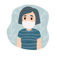 Woman in medical mask. Protection from virus and coronavirus. Treatment and prevention of disease. Blue clinic concept. Cartoon flat illustration. Sick Young girl