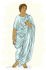 A young man in an ancient Greek tunic with a papyrus scroll in his hand reads a poem and gestures.