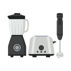 Blender, toaster icon vector illustration. Kitchen appliances. Electric submersible Hand blender with equipment. 