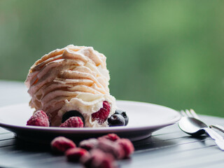 Delicious meringue Pavlovas cake on green woods background