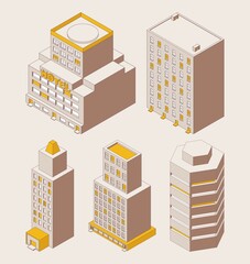 Isometric outline style office city buildings isolated on background. Vector collection