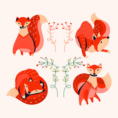 Set of Fox Animal with Foliage Background Vector Illustration