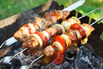 Kebab, pieces of meat on metal skewers, cooked on grill fire