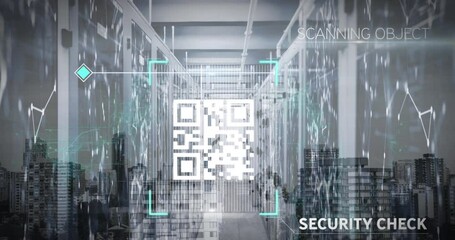 QR code scanner over server room against cityscape - Powered by Adobe