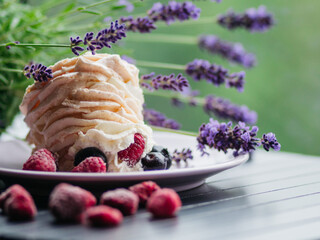 Delicious meringue Pavlovas cake on green woods background