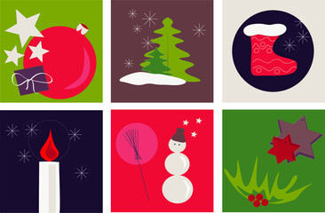 Vector illustrations of different symbols of the new year, christmas and winter. Set of 6 posters with simple images of stars, snowman, gift, candle, sock, fir trees, snowflakes