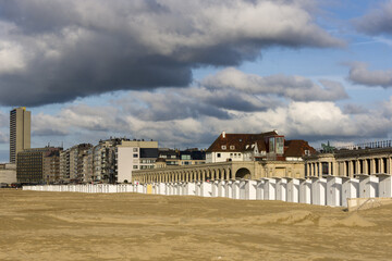 Fototapeta premium sunset on the bathhouses on the beach of Ostend, Belgium 