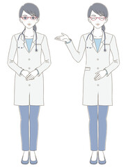 Fototapeta premium 医療・医者手描き風 白衣を着てメガネをかけた女性医師の全身イラストセット