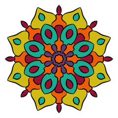 Colorful outline flower mandala. Doodle round decorative element for coloring book isolated on white background. Floral geometric circle. Vector illustration.