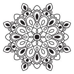 Black outline flower mandala. Doodle round decorative element for coloring book isolated on white background. Floral geometric circle. Vector illustration.