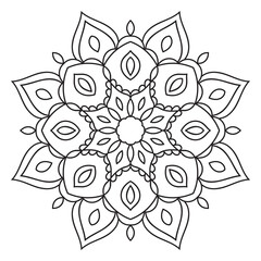 Black outline flower mandala. Doodle round decorative element for coloring book isolated on white background. Floral geometric circle. Vector illustration.