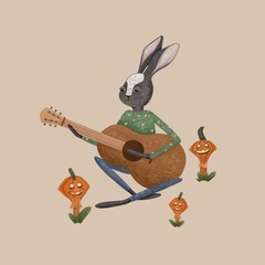 Rabbit hare with guitar and Halloween pumpkins