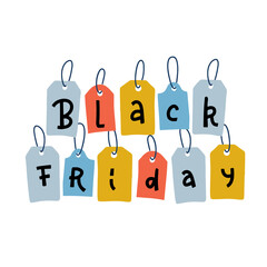 Black Friday Sale tags for promotion. Discount and Price off banner or badge. Vector flat hand drawn illustration. Each letter on separate colorgul tag.